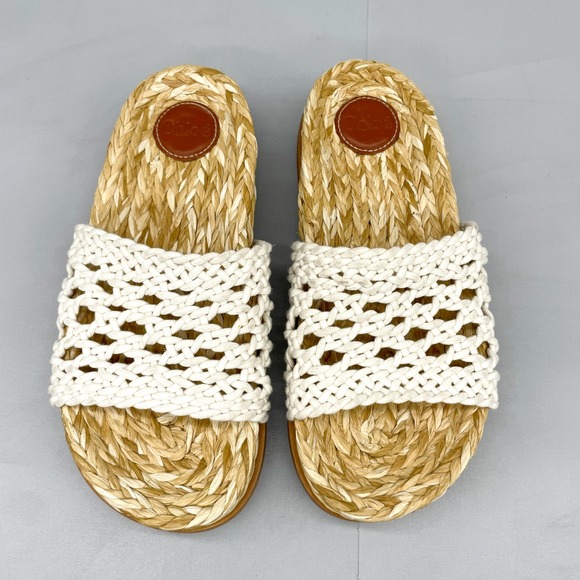 Chloé Shoes - Chloe Wavy Crochet Slides Womens 38 7.5 Woven Raffia Sandals White Boho Coastal